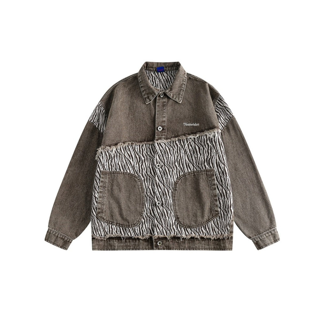 Unisex Jacket Vintage Zebra Pattern Stitching Washed Turn-down Collar Coat