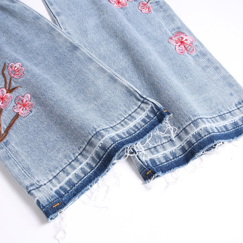 Mens Fashion Jeans Pink cherry blossom embroidered wide-leg pants 5711#