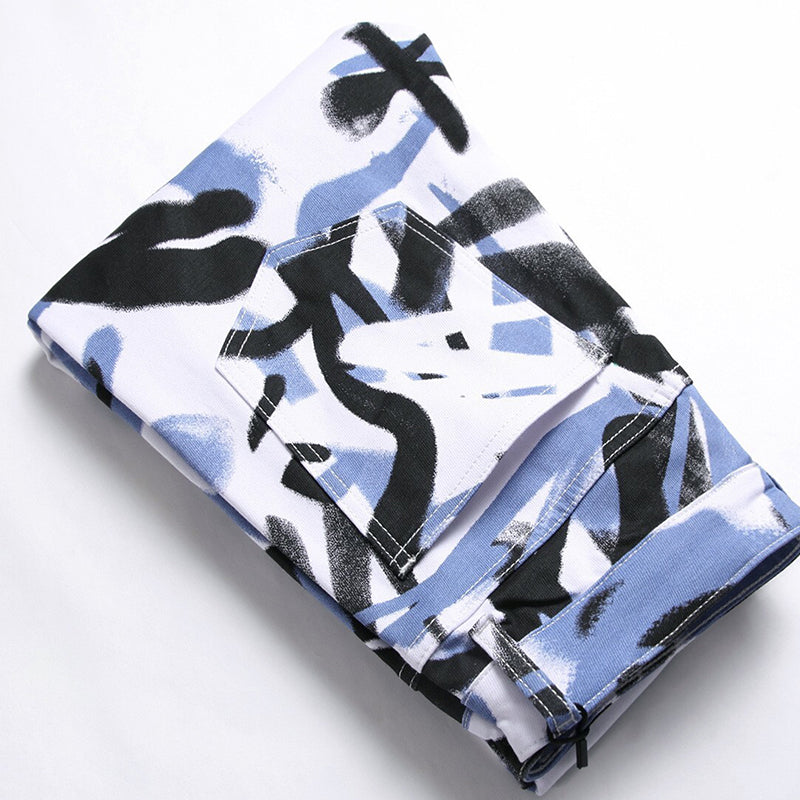 Mens Fashion Jeans Blue paintbrush graffiti 8837#