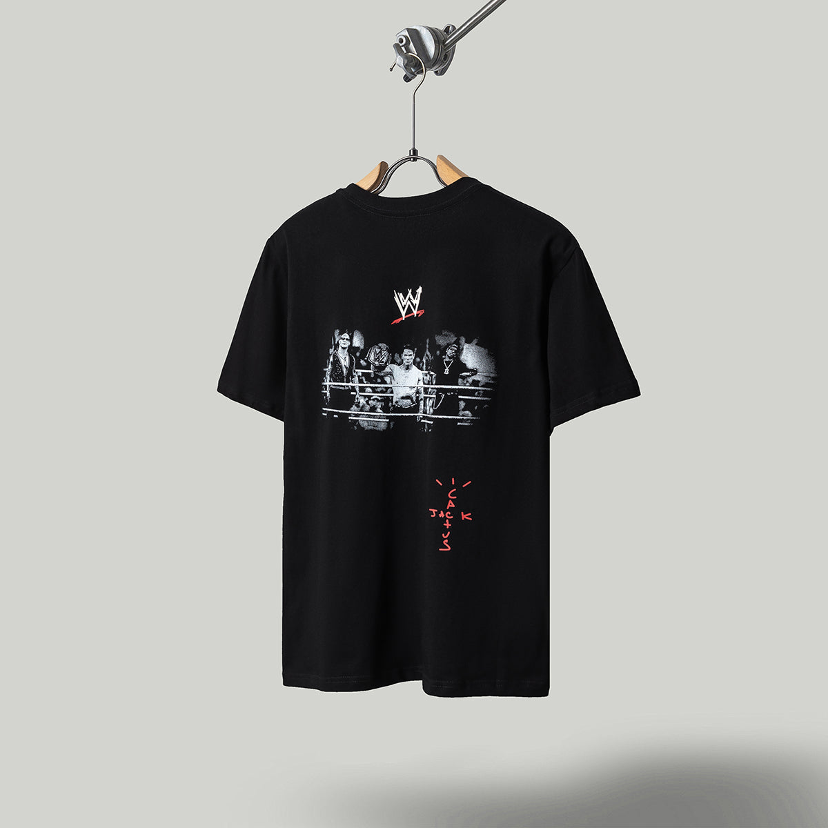 Travis Scott T Shirts x WWE collaboration: John Cena and Dwayne Johnson pose for a photo together. Letter-printed retro short-sleeved T-shirt.