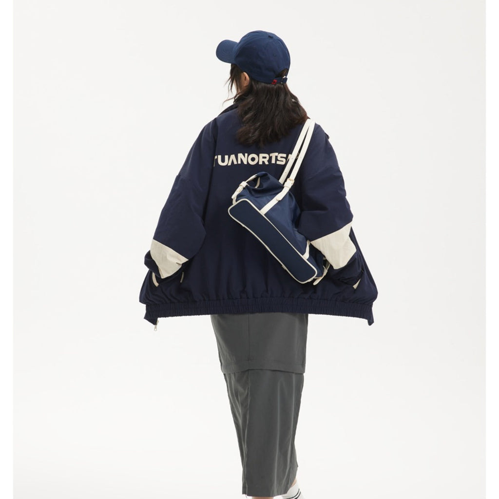 Unisex Jacket Vintage Colorblock Hood Coat Loose Sports Top