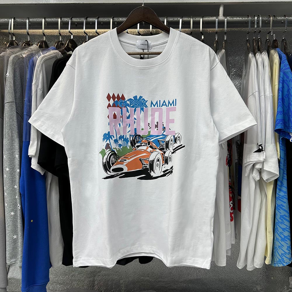Rhude T Shirts Retro Racing Printed Cotton Casual Short Sleeve Men and Women