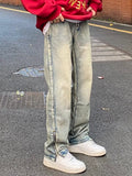 Men Jeans Washed Zipper Jeans Spring and Autumn Vintage Casual Loose Trousers