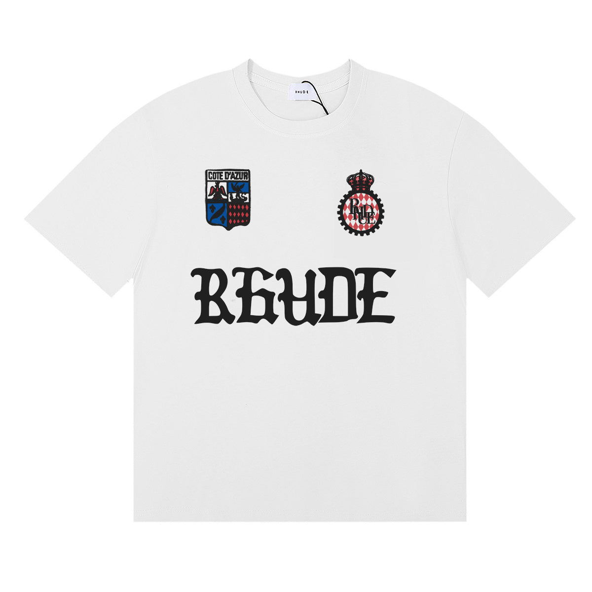 Rhude T Shirts Gothic Letter Badge Printing Cotton Casual Crew Neck Short Sleeve Men and Women