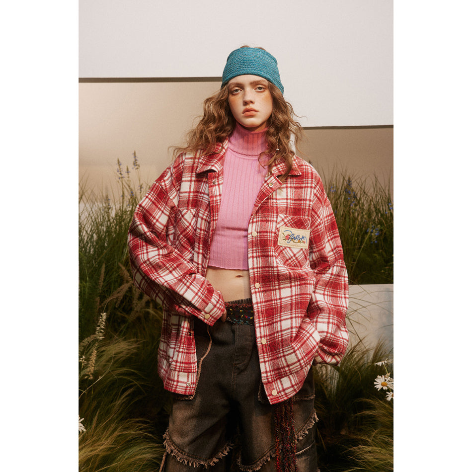 Unisex Jacket Red Plaid Coat Men's and Women's Loose Retro Lapel Couple Jacket