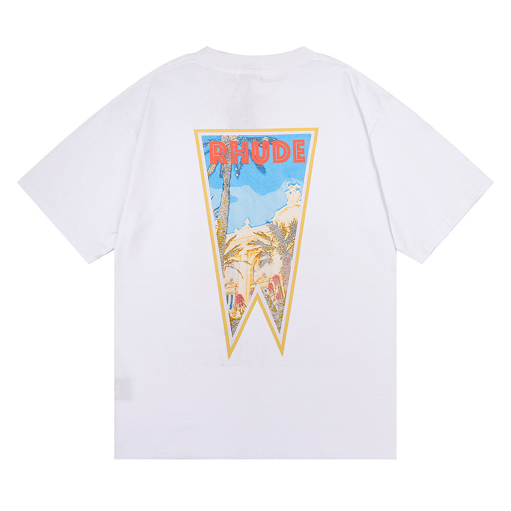Rhude T Shirts Oil Painting Clock Coconut Tree Print Short Sleeves