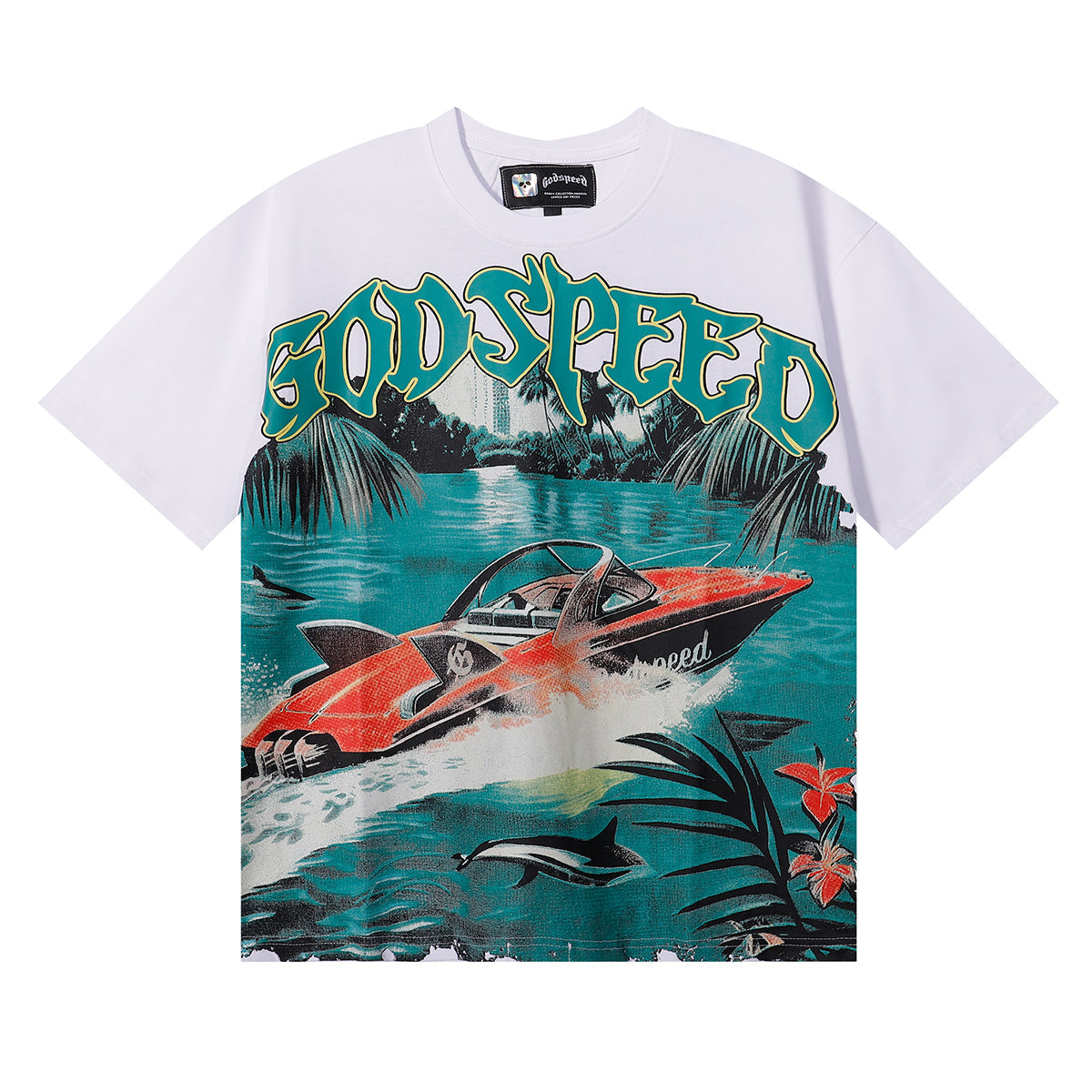 Godspeed T Shirts Speedboat Shark Print Cotton Crew Neck Short Sleeve Men and Women
