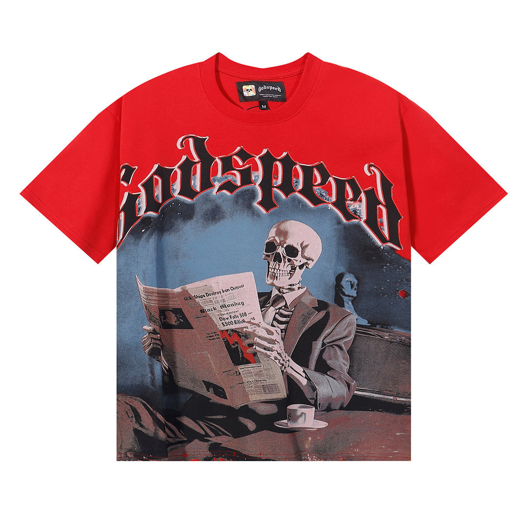 Godspeed T Shirts Newspaper Skull Printing Cotton Casual Short Sleeves Men and Women