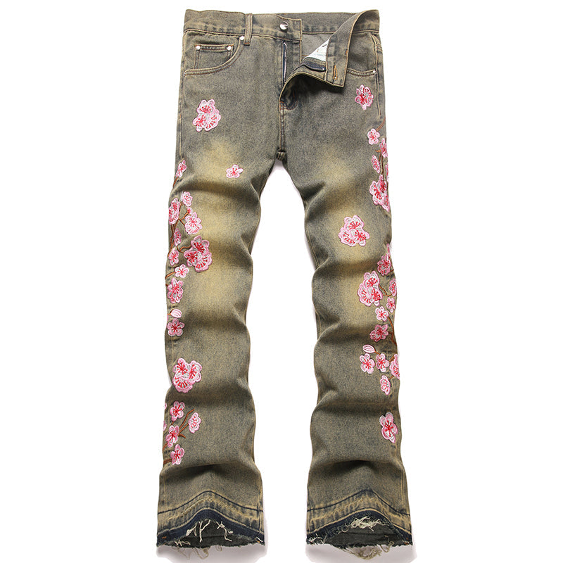 Mens Fashion Jeans Pink cherry blossom embroidery 5719#