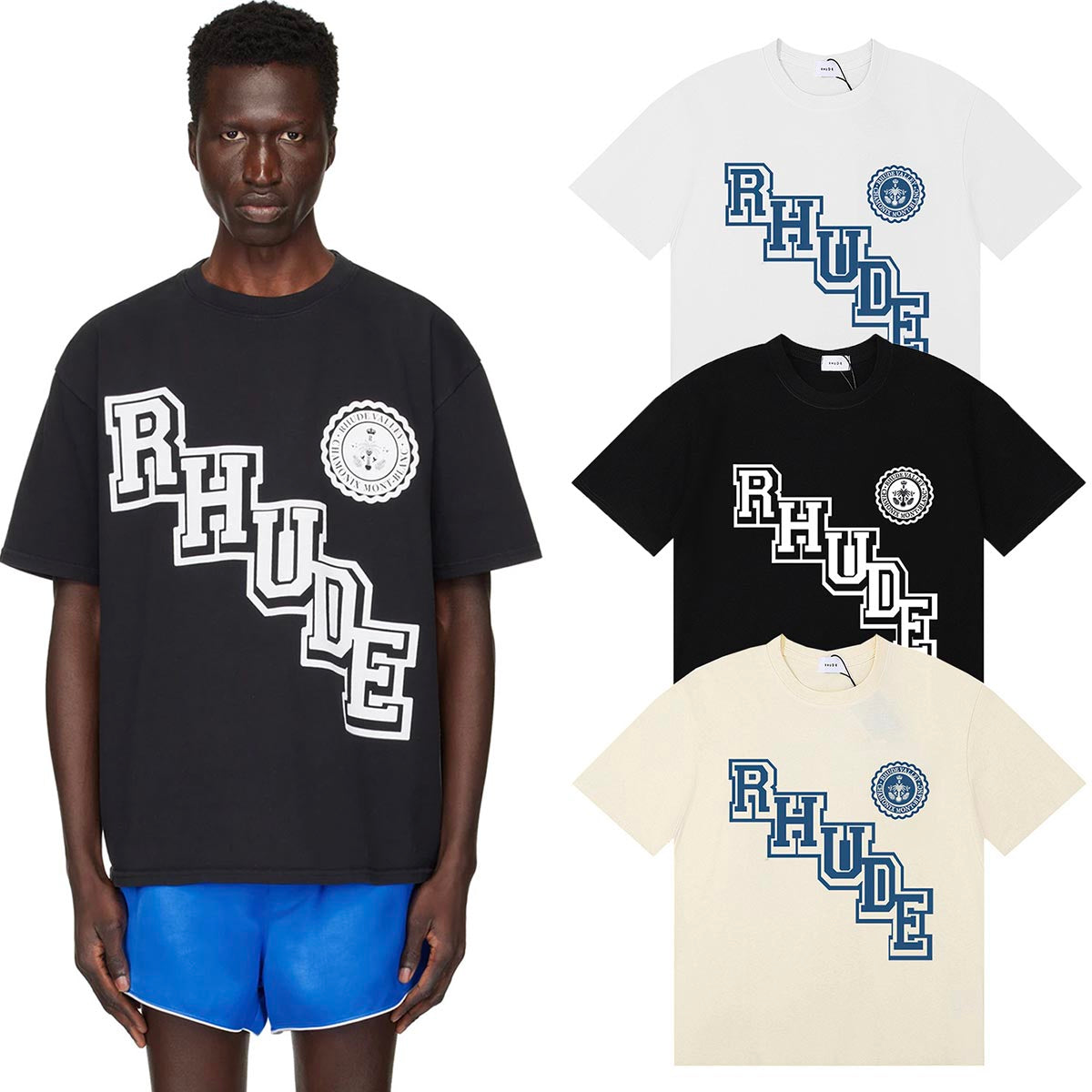 Rhude T Shirts College Badge Printed Cotton Casual Short Sleeve Men and Women