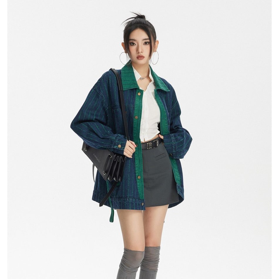 Unisex Jacket Vintage Stripe Stitching Loose Denim Jacket