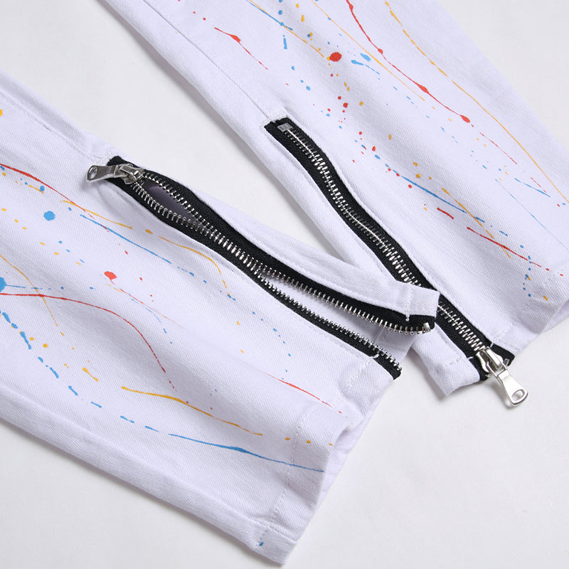 Mens Fashion Jeans Pants pocket zipper Color splatter ink 1168#