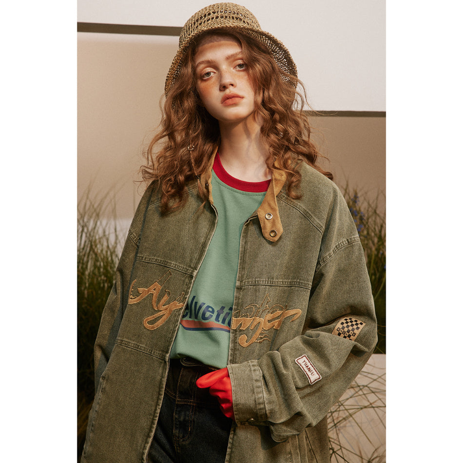 Unisex Jacket Vintage Racing Stand Collar Denim Jacket Spring and Autumn Coat Motorcycle Jacket