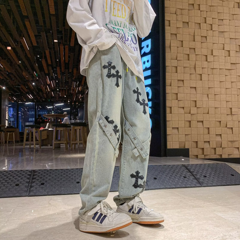 Men Jeans Cross Jeans Men's and Women's Spring and Autumn Retro Straight Casual Pants