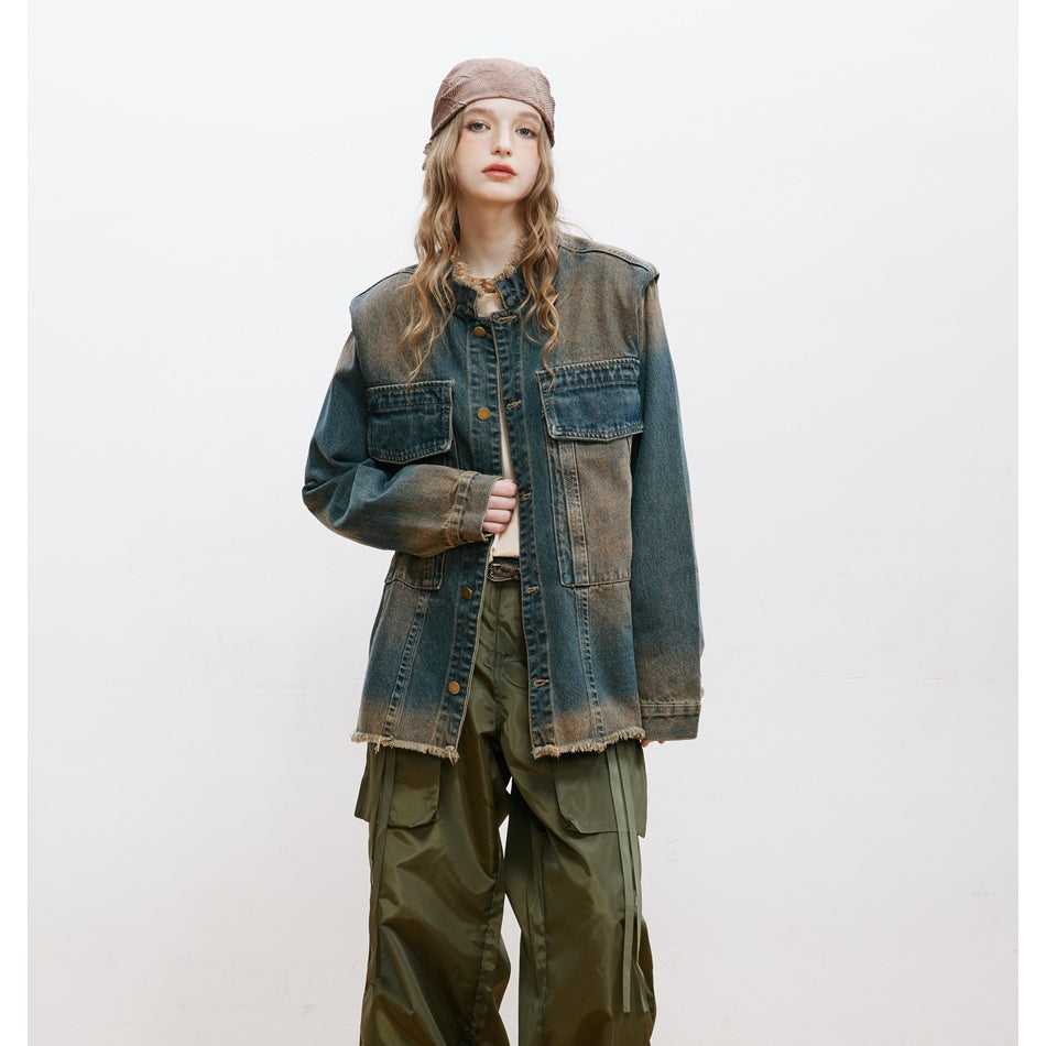 Unisex Jacket Denim Men's and Women's Washed Distressed Retro Workwear Stand Collar Jacket