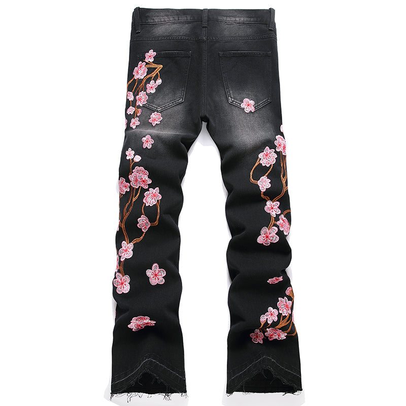 Mens Fashion Jeans Pink cherry blossom embroidered wide-leg pants 5710#