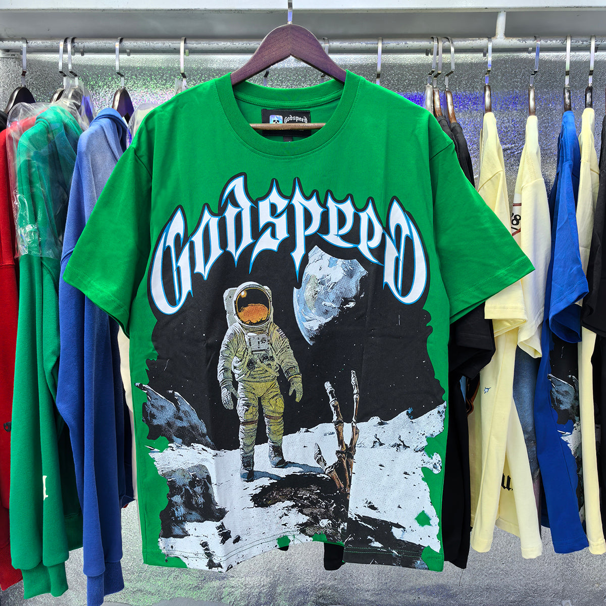 Godspeed T Shirts Astronaut Moon Landing Print Cotton Casual Short Sleeve Men and Women