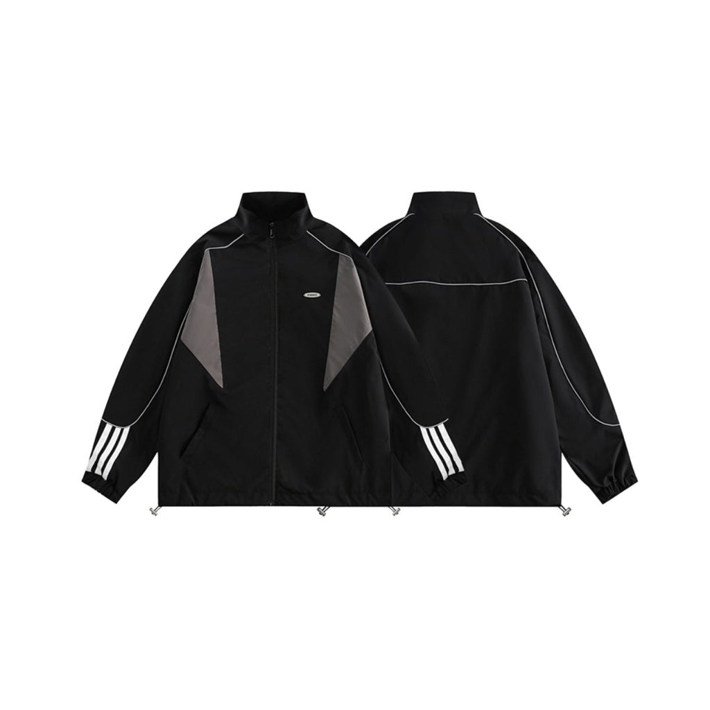 Unisex Jacket Vintage Sports Top Stitching Jacket Men and Women Loose Stand Collar Coat
