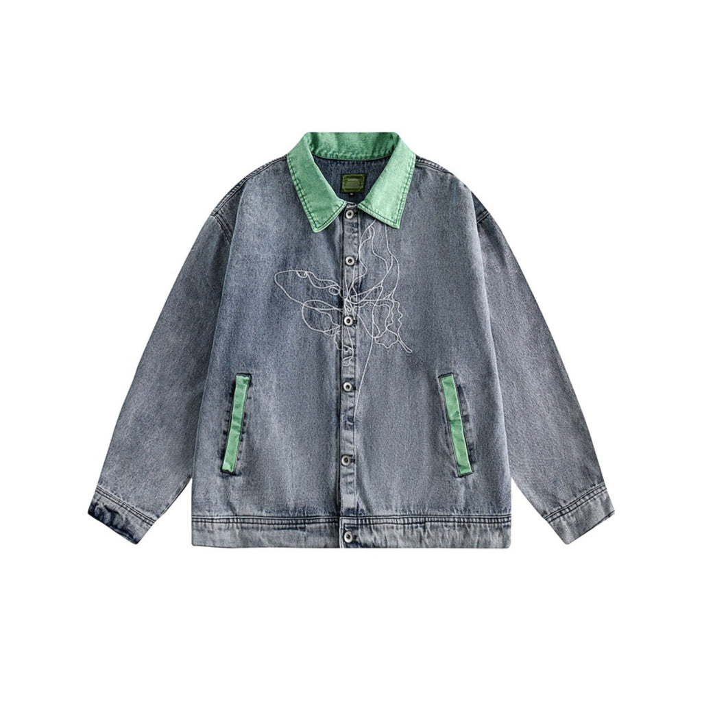 Unisex Jacket Vintage Butterfly Embroidered Washed Denim Jacket for Men and Women Turn-down Collar Coat