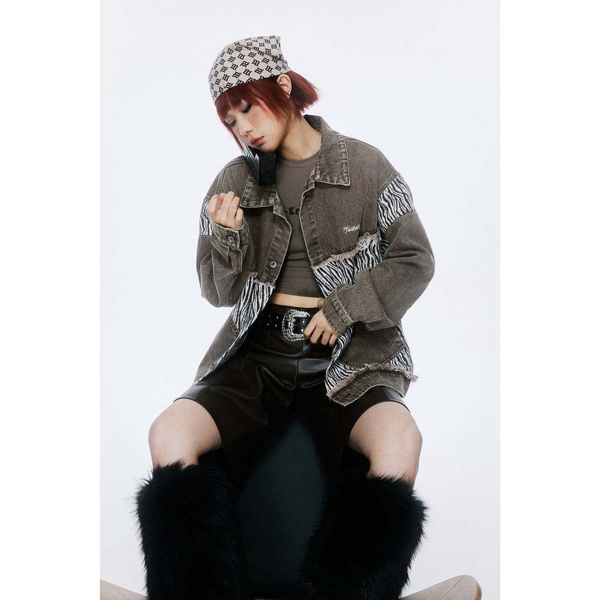 Unisex Jacket Vintage Zebra Pattern Stitching Washed Turn-down Collar Coat