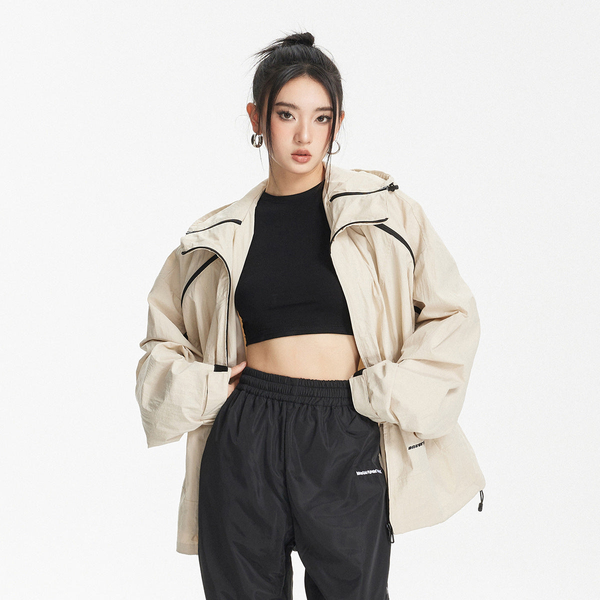 Unisex Jacket Retro Hooded Sports Jacket Men and Women Baggy Casual Jacket Shell Jacket