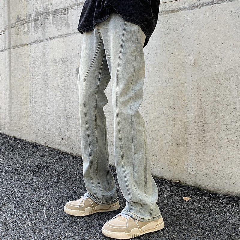 Men Jeans Fall/Winter Slim Stitching Pants Loose Straight Casual Trousers