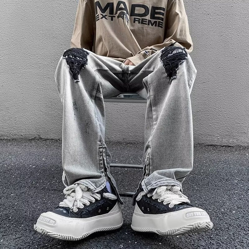 Men Jeans Gray Broken Hole Jeans Public Zipper Split Bootcut Trousers
