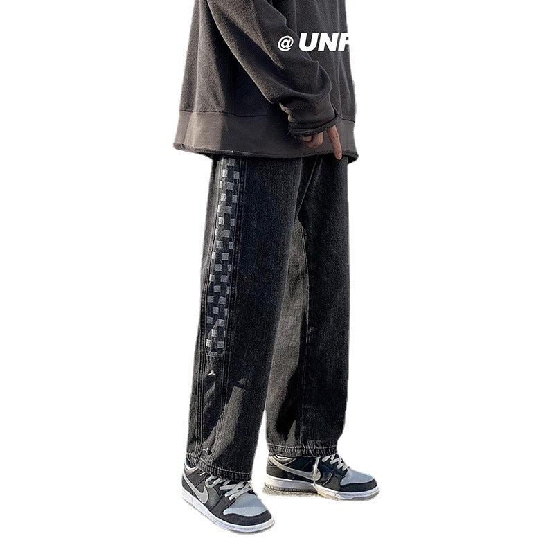 Men Jeans Plaid Denim Trousers Men Spring Autumn Loose Straight Wide Leg Pants