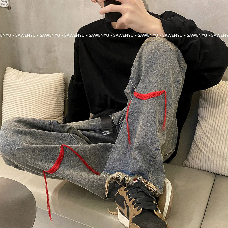 Men Jeans Fall Baggy Straight Trousers Wide Leg Pants