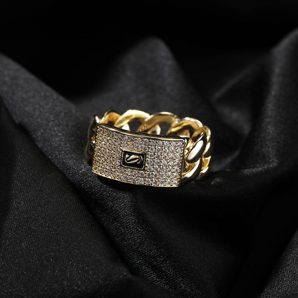 Rings Zircon Ring 14K Gold Full Diamond Cuban Chain Spectrum