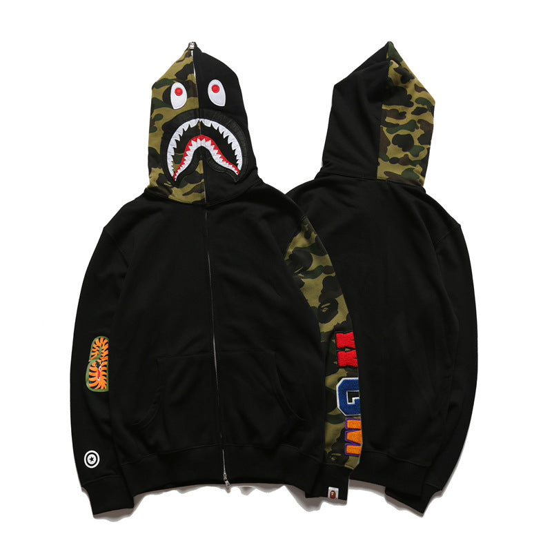 Bathing Ape Hoodie Splicing Camouflage Sweater Male Shark Autumn