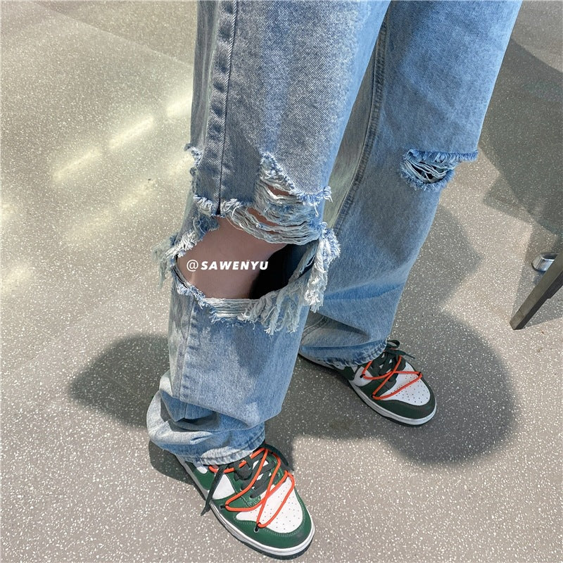 Men Jeans Ripped Jeans Washed Loose Wide Leg