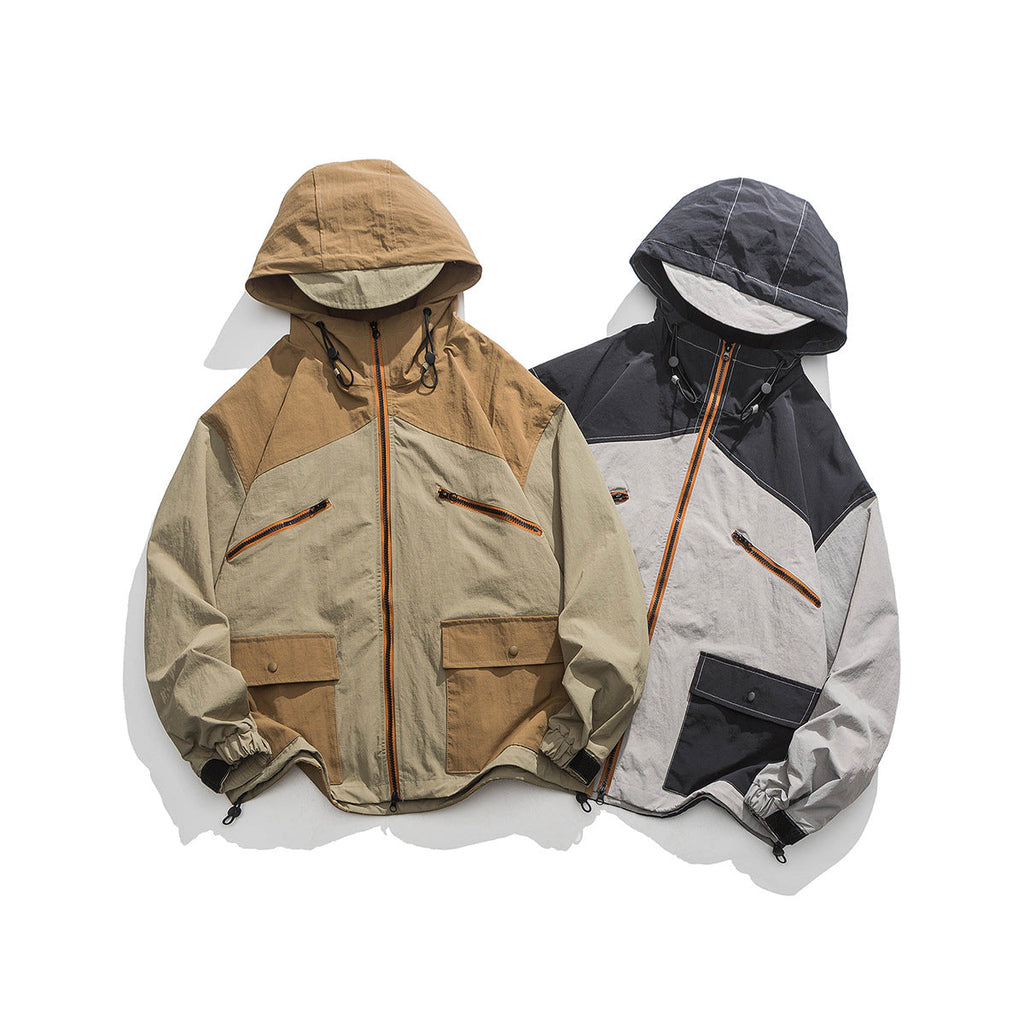 Unisex Jacket Retro Style Colorblock Hood Jacket Coat Loose Shell Jacket
