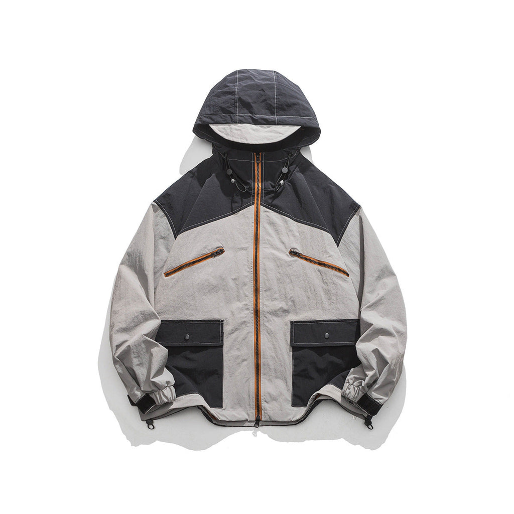 Unisex Jacket Retro Style Colorblock Hood Jacket Coat Loose Shell Jacket