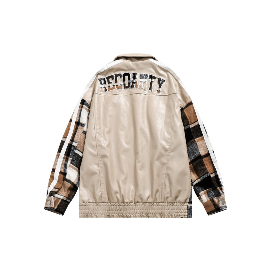Unisex Jacket Vintage Plaid Stitching PU Leather Jacket