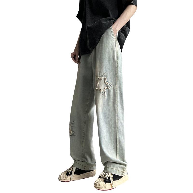 Men Jeans Summer Retro Tattered Jeans Straight Loose Casual Pants