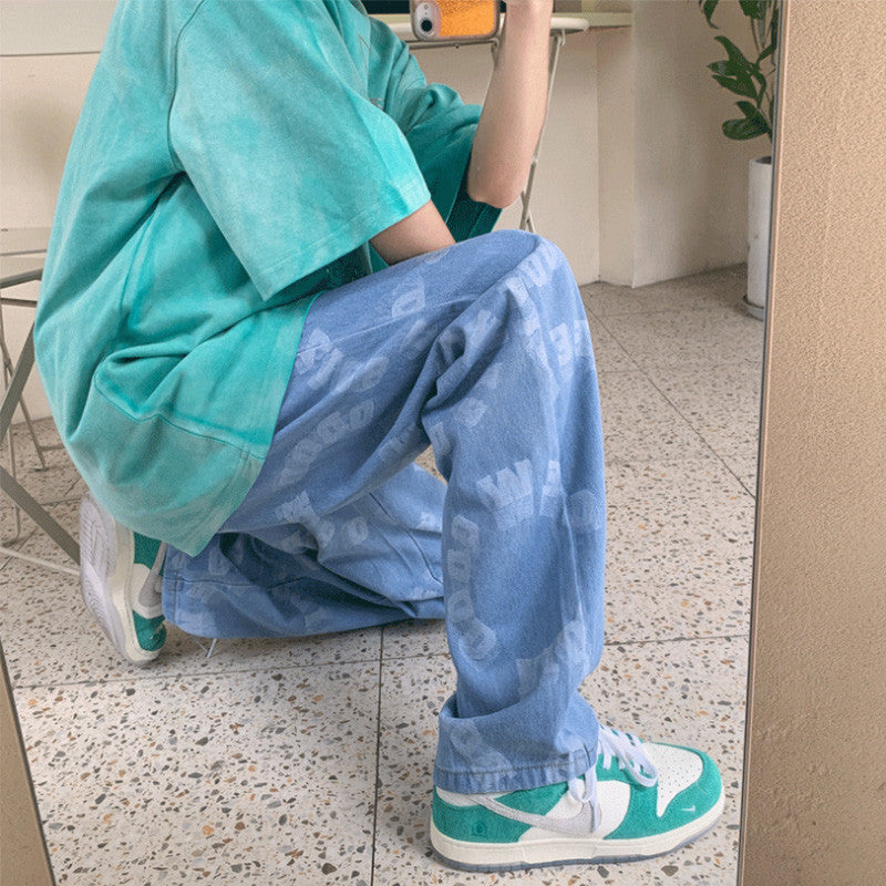 Men Jeans Hiphop Casual Loose Denim Trousers Straight-Leg Pants