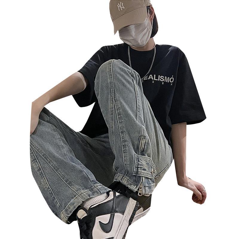Men Jeans Washed Jeans Men's Autumn Straight Breasted Casual Trousers