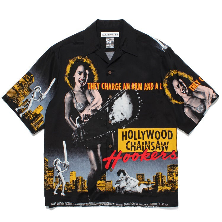 GUILTYPARTIES TIGER Shirts 23SS CHAINSAW Chainsaw Horror Hawaiian Short Sleeve Shirt Men