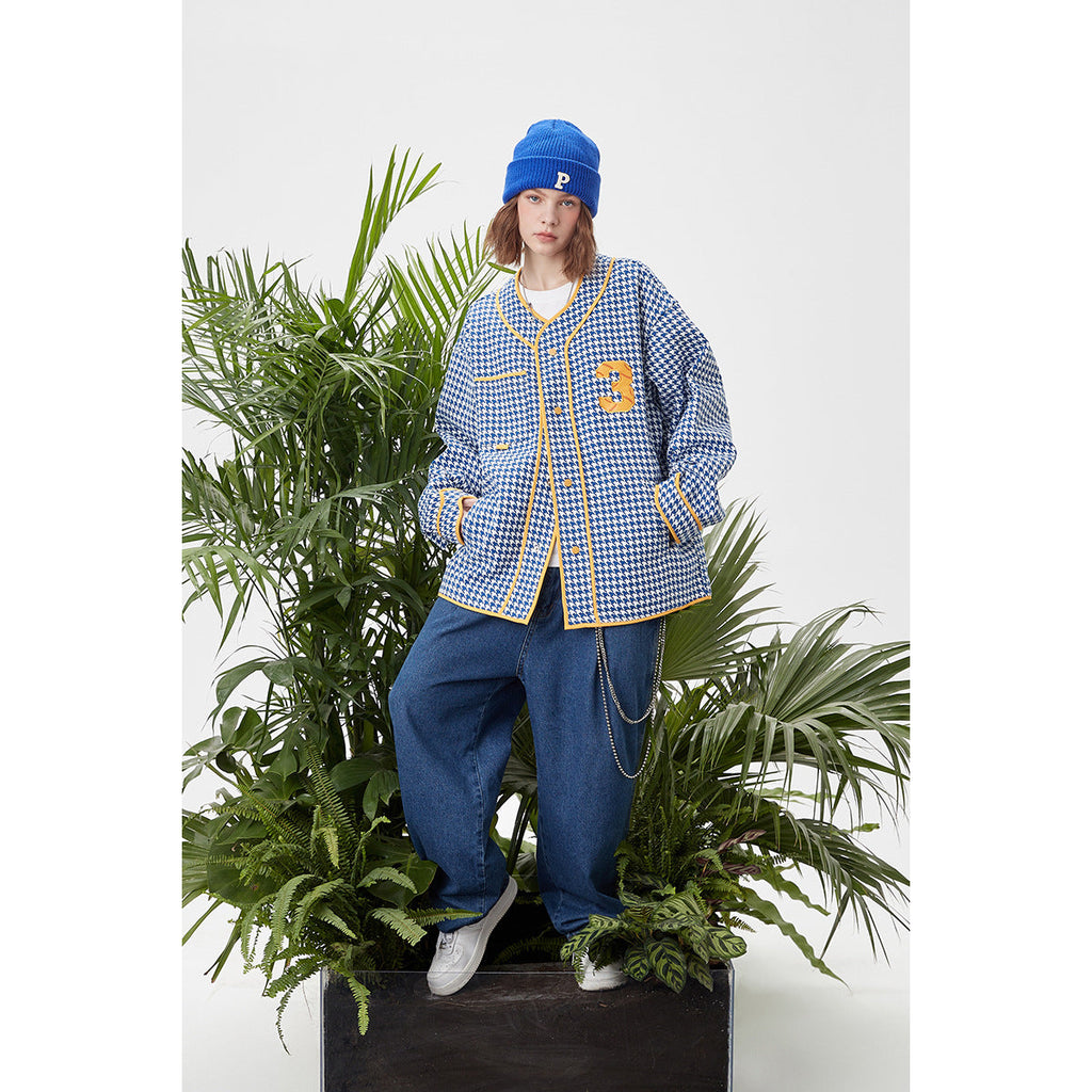 Unisex Jacket Baseball Clothing Jacket Men and Women Couple's Collarless Houndstooth Design Jacket
