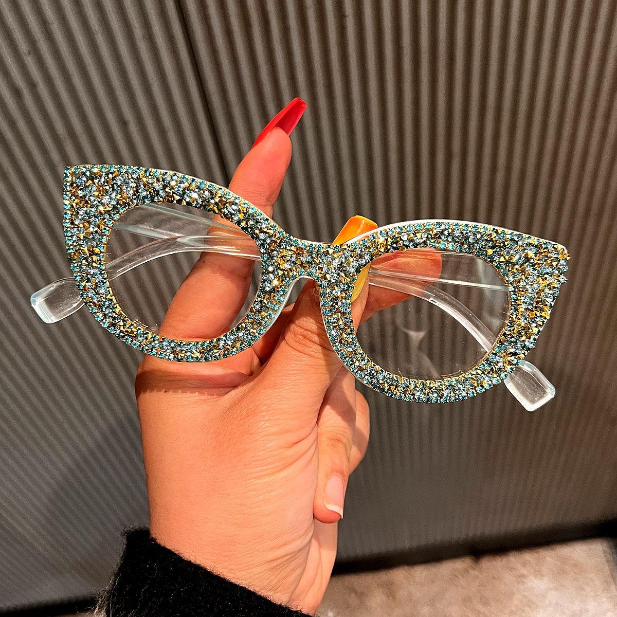 Trendy punk glasses cat eye full diamond anti-blue light retro