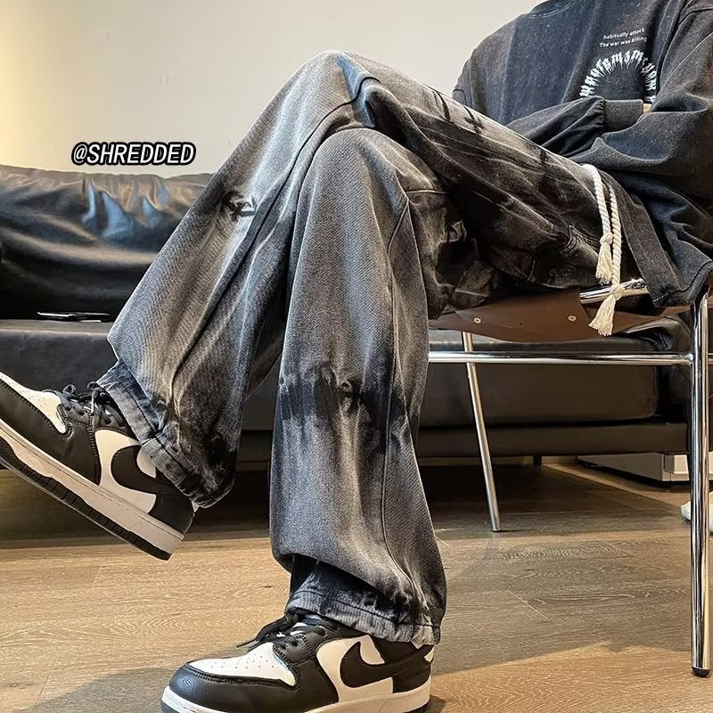 Men Jeans Tie-Dyed Vintage Jeans Autumn and Winter Straight Wide-Leg Pants Casual Pants