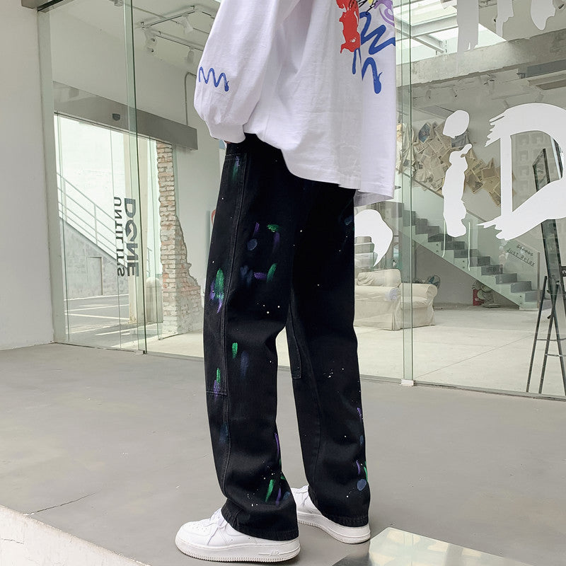 Men Jeans Splash-Ink Jeans Men's Autumn Baggy Straight Trousers Casual Trousers