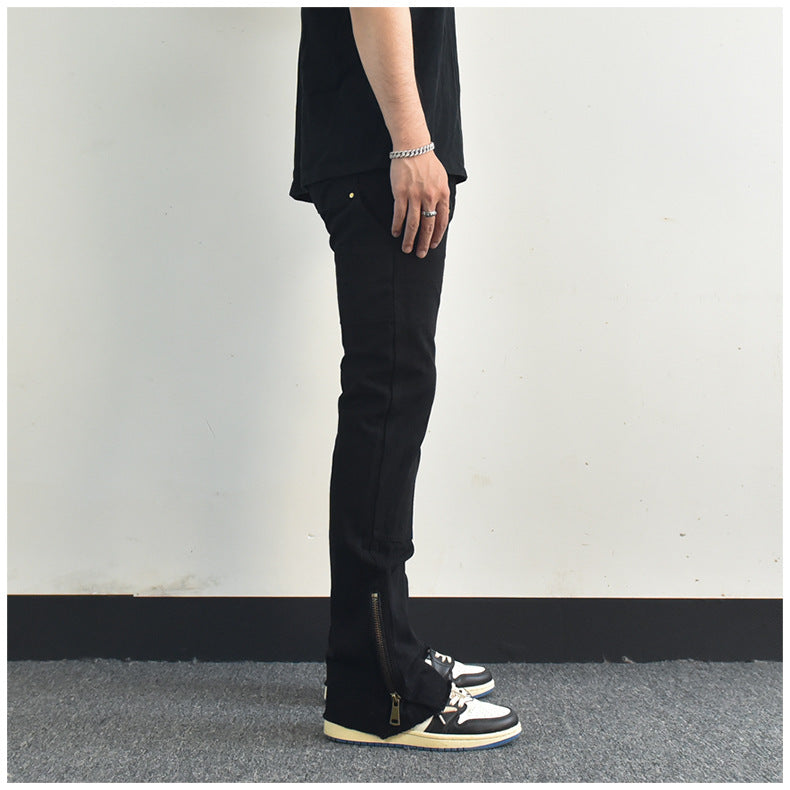 Men Jeans Zipper Slit Slightly Flared Casual Pants Loose Cargo Pants