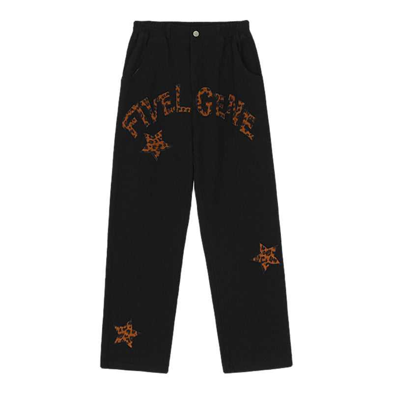 Men Jeans Leopard Print Letter XINGX Embroidery Casual Working Pants Straight-Leg Trousers