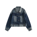 Unisex Jacket Vintage Top Washed Denim Jacket for Women Turn-down Collar Coat Spring and Autumn