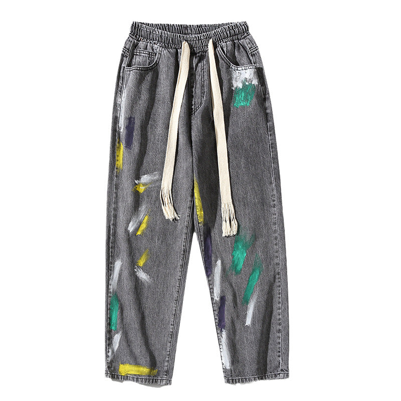 Men Jeans Graffiti Jeans Men's Spring and Autumn plus Size Hip Hop Wide-Leg Pants Straight Loose