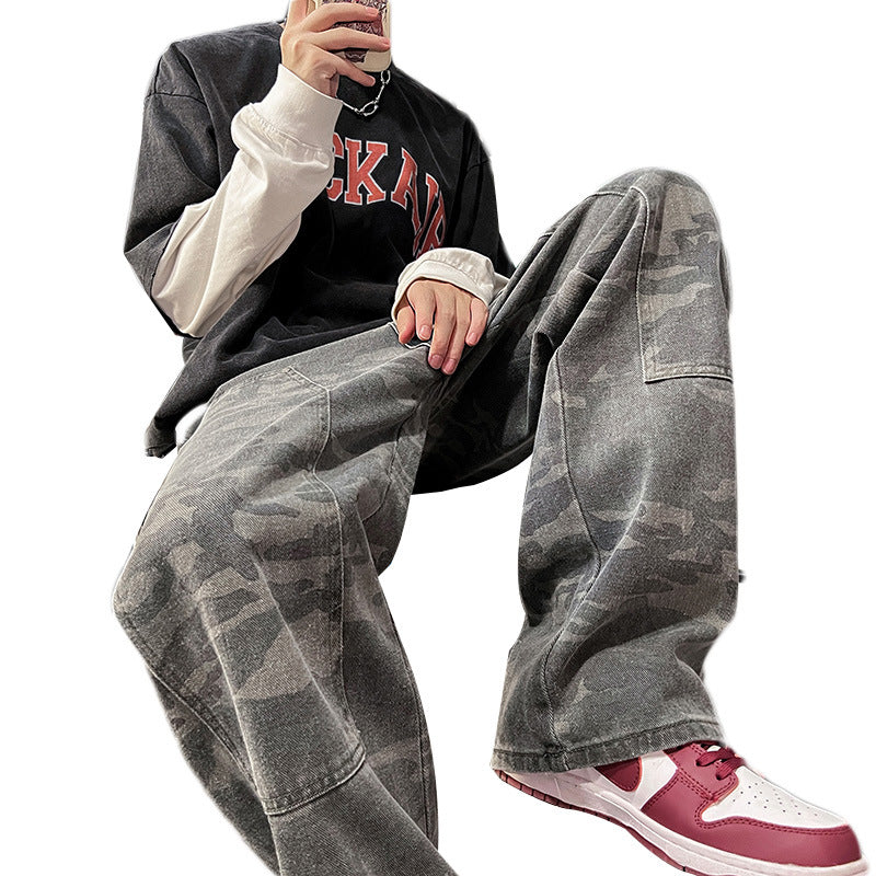 Men Jeans Retro Camouflage Pants Loose Straight Cargo Pants Washed Wide Leg Casual Trousers