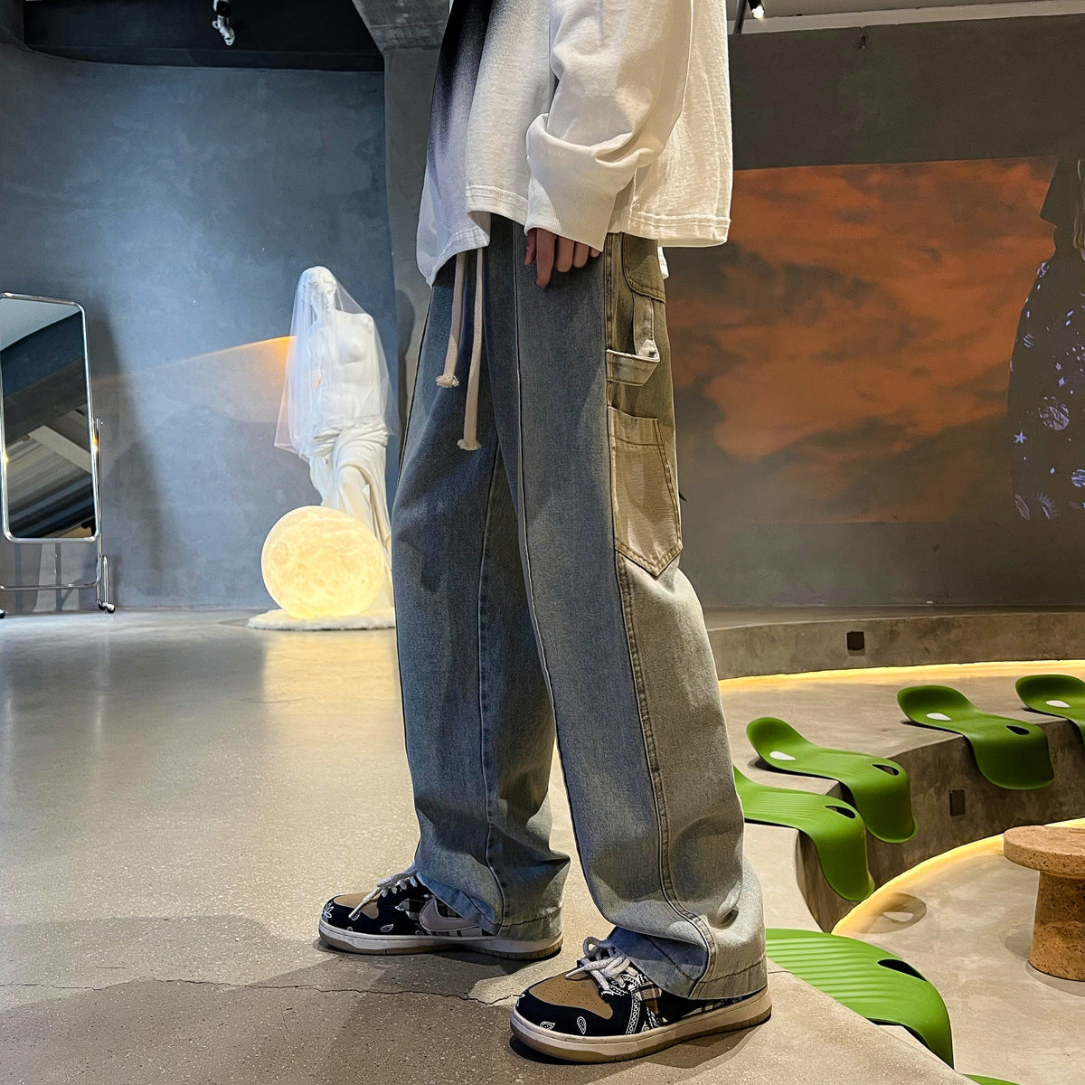 Men Jeans Washed Jeans Men Spring Baggy Straight Trousers