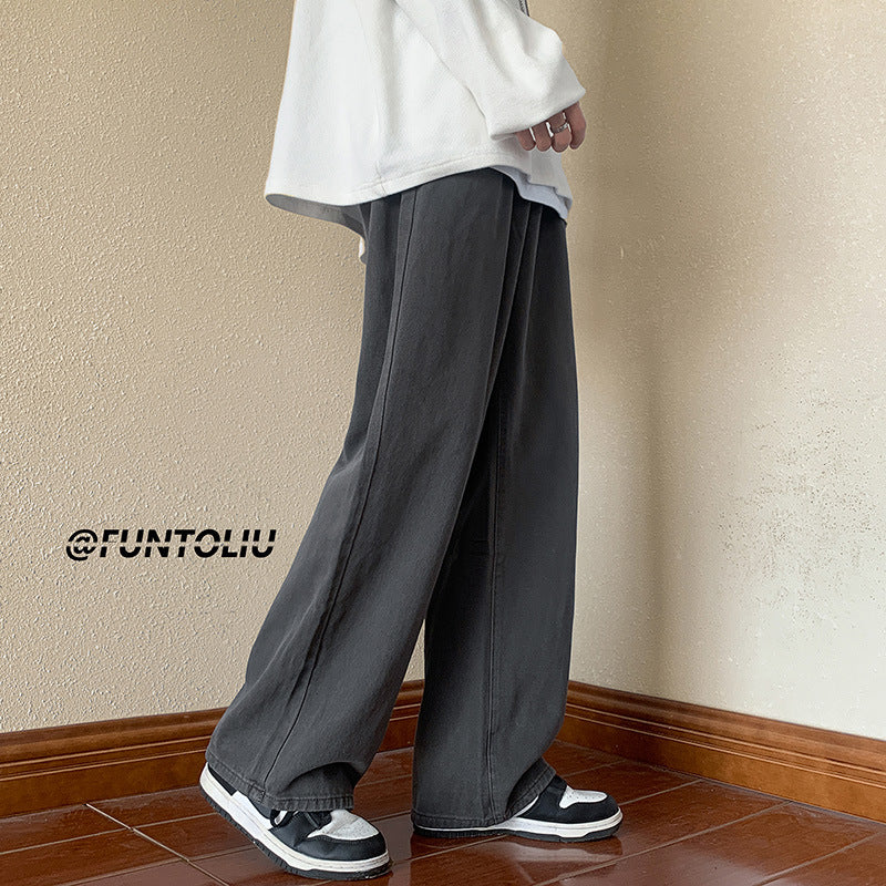 Men Jeans Green Washed Jeans Men's Autumn Width Straight-Leg Trousers